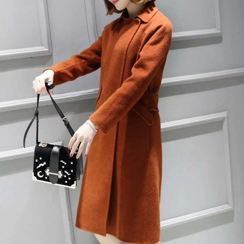 

Winter Autumn Lady Slim Fit Wool Blend Coat Elegant Office Covered Button Overcoat Streetwear Pockets Long Jackets Female