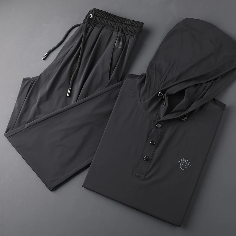 

New high-end simple casual hooded suit men's summer light luxury ice silk short sleeve round neck tie foot sports suit
