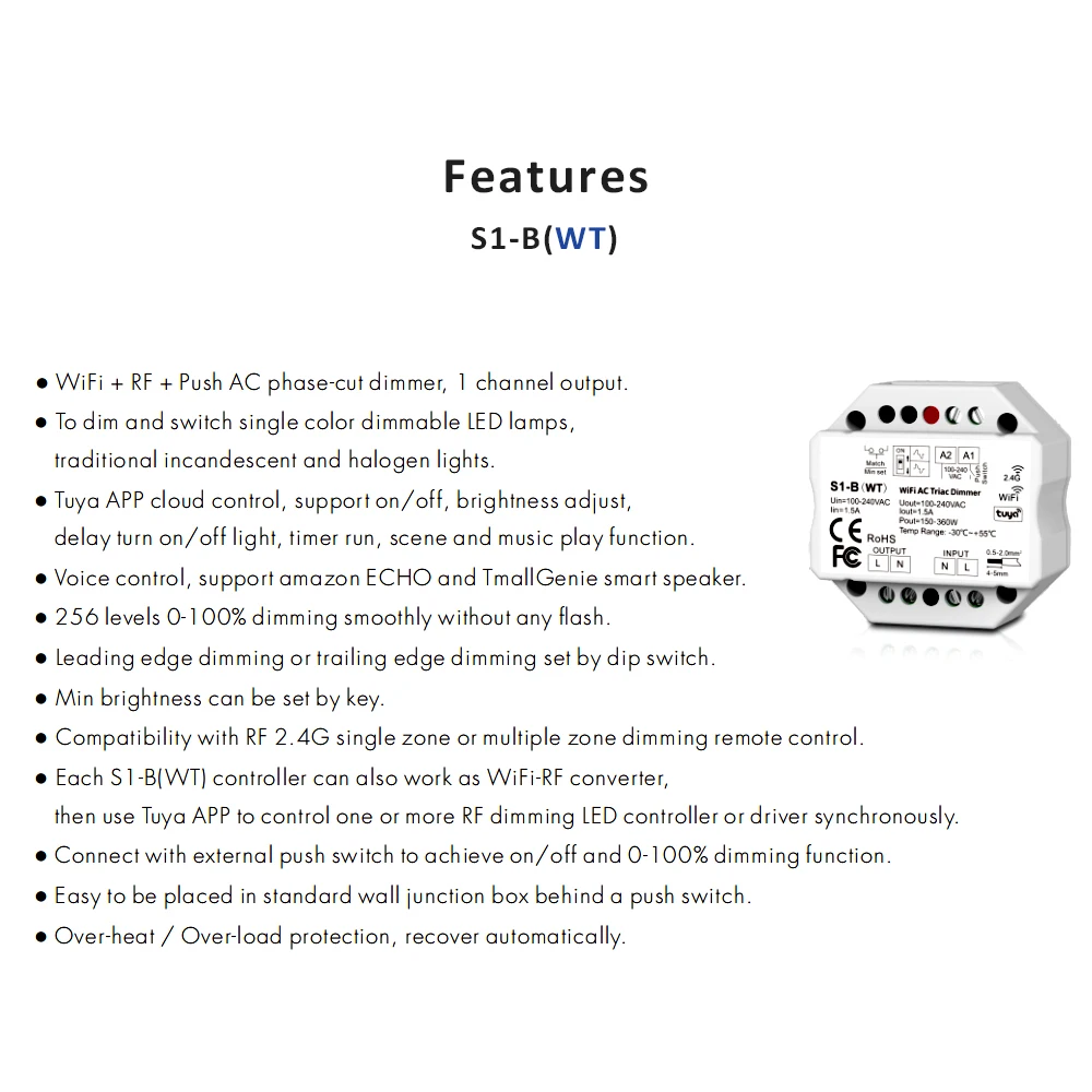 Tuya Dimmer 220V Wifi Smart Leven APP 2.4G Draadloze RF Afstandsbediening LED Lamp Licht Triac Dimer controller S1-B-WT