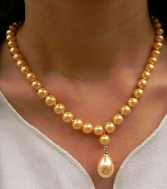 Natural 8mm Round South Sea Shell Pearl & 12x16mm Drop Pendant Necklace 18''AAA+