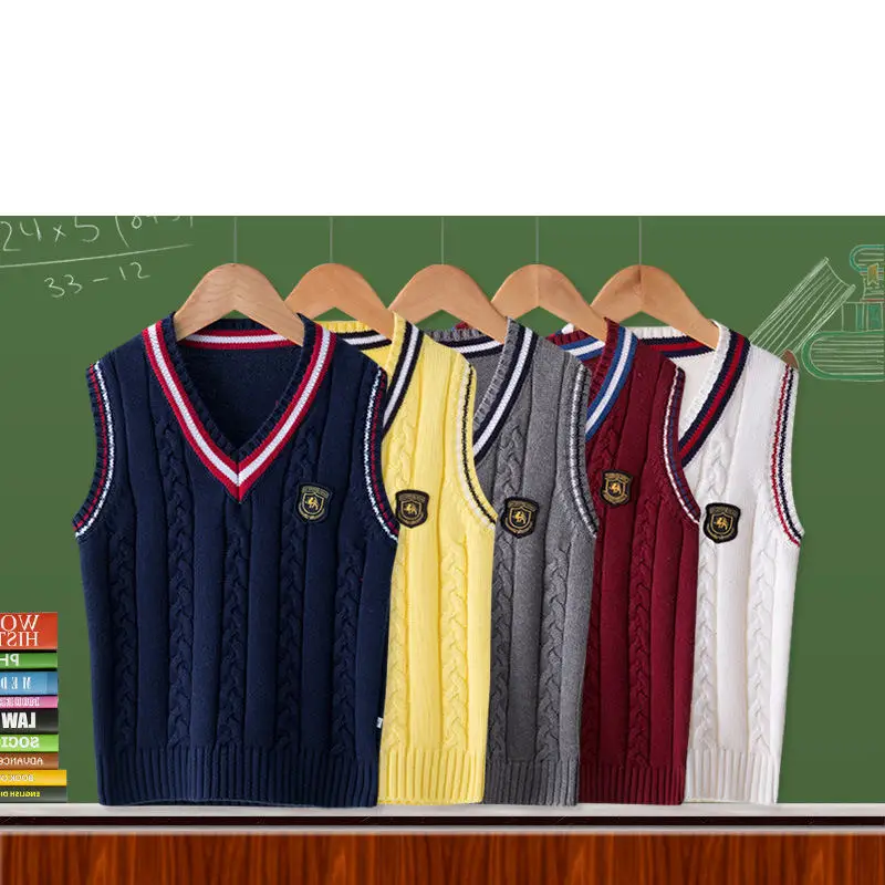 Preppy Style Boys Knit Vest Autumn Winter Solid Color V-neck Sweaters Children Knitted Vest Sleeveless School Uniform for Girls