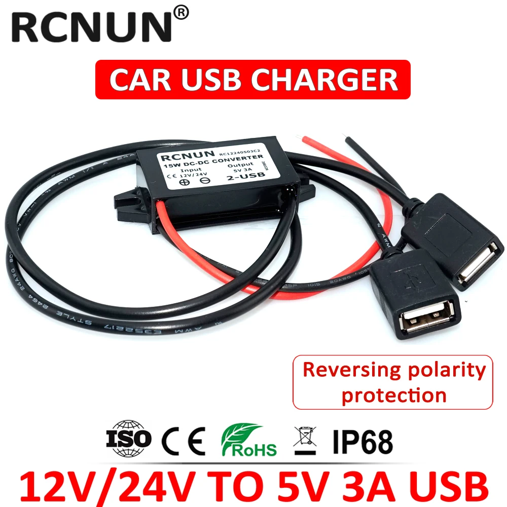 RCNUN 8-32V 12V 24V to 5V 3A CAR Charger DC DC Step Down Converter Dual USB Buck Power Supply for Mobile Phone iPad MP4 MP3 GPS