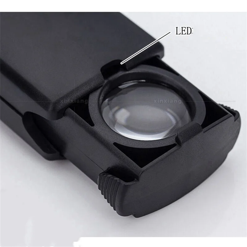 30X Handheld Magnifying Glass With LED Light Flexible Black Illuminated Magnifier Drawer Type Pocket Magnifier Jewelry Loupe