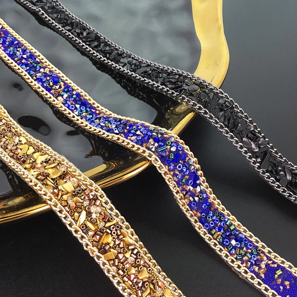 2yard black blue gold crystal rhinestone trimmed chain ribbon for dresses, bags, shoe accessories TZ131415