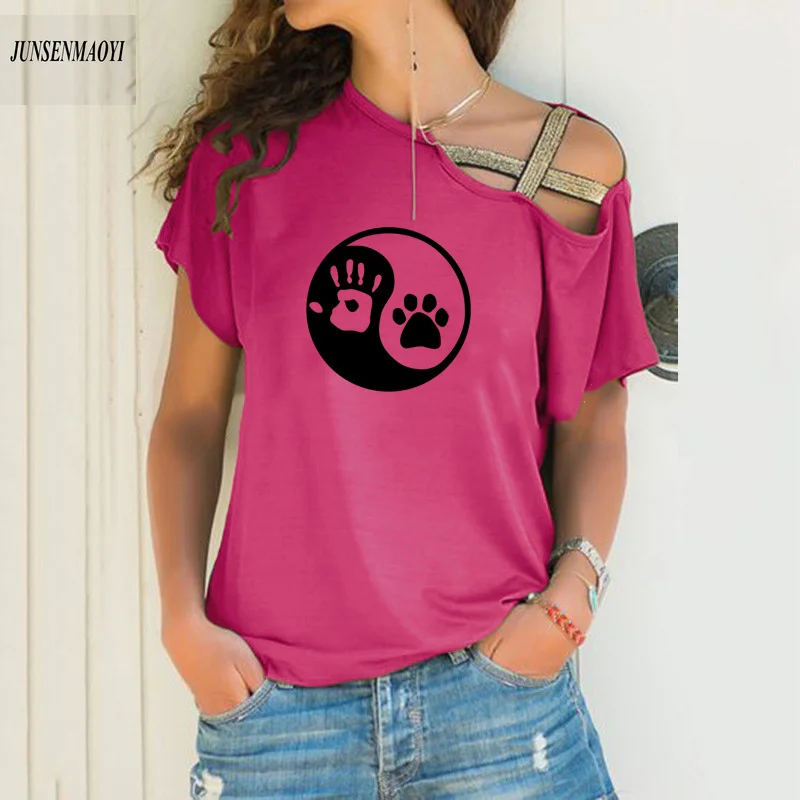 New Summer Yin And Yang Cat Dog Footprints femme t-shirts Casual Funny t shirt For Lady Top Tee harajuku Short sleeve Shirts