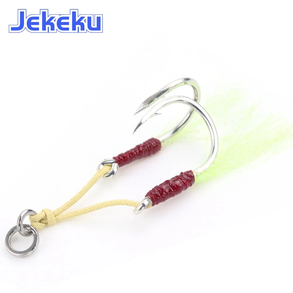 JEKEKU  2pcs Fishing Hooks with Feather Slow Jigging Double Assist1/0 2/0 3/0 5/0 7/0 Thread High Carbon Steel Kevlar Line