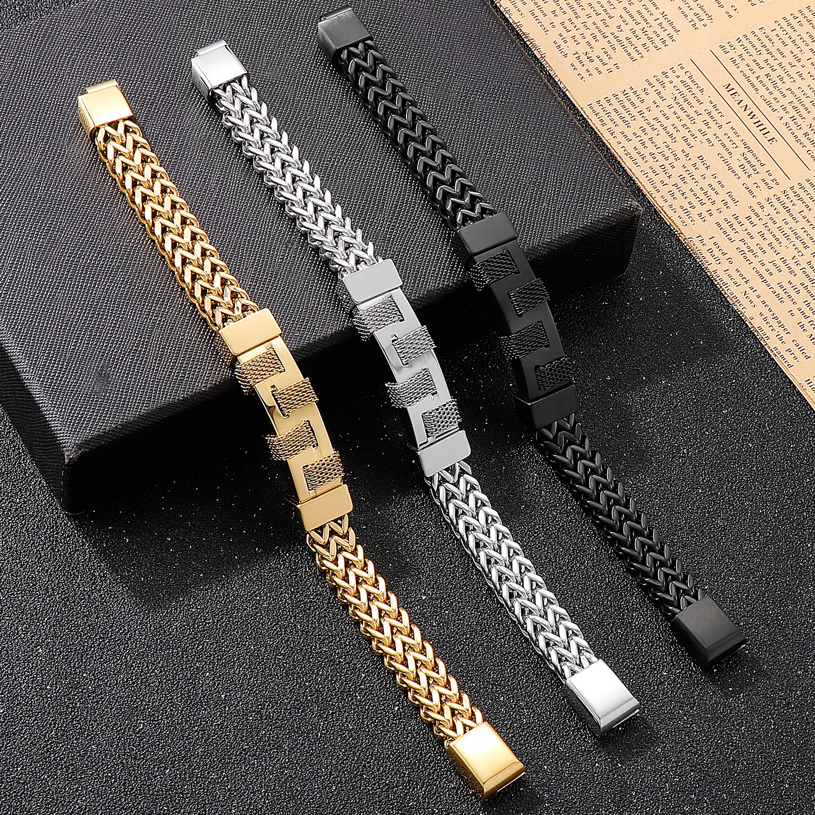 Three-color Trend Stainless Steel Stitching Men\'s Bracelet Design Sense Wristband Jewelry