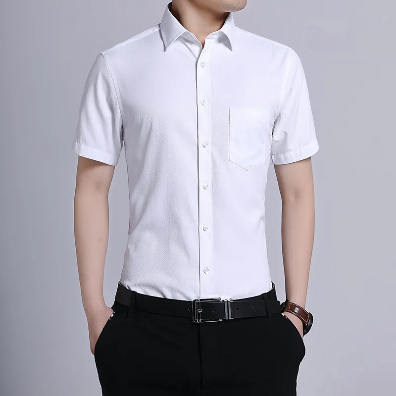 

Summer Men's Short-sleeve Shirt Office Workwear Solid Color Business Dress Cool Breathable Youth Tops with Pockets Plus Size