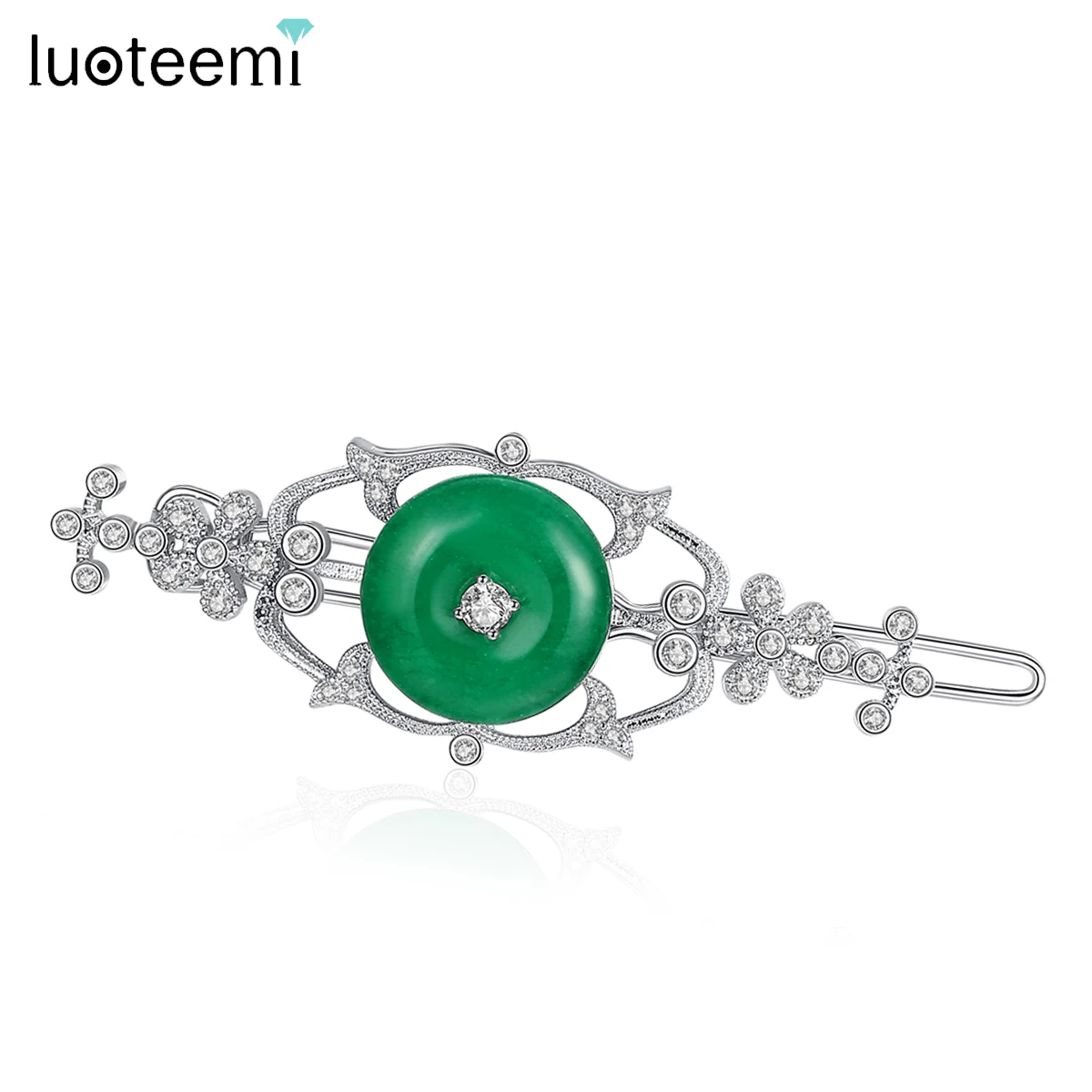 LUOTEEMI Green Jade Color Vintage Hair Pins Luxury Cubic Zirconia Bridal Wedding Hair Clip Elegant Women CZ Hair Accessories