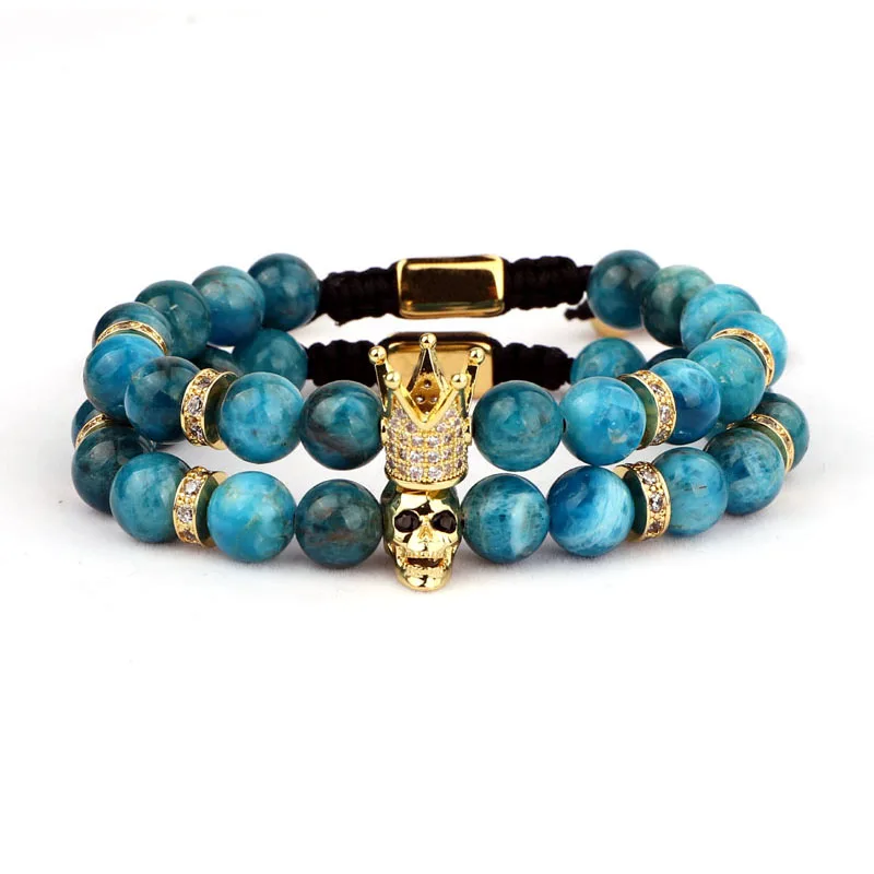 High Quality Natural Stone CZ Pave Crown Skull Charm Bead Braided Friendship Bracelet Women Men