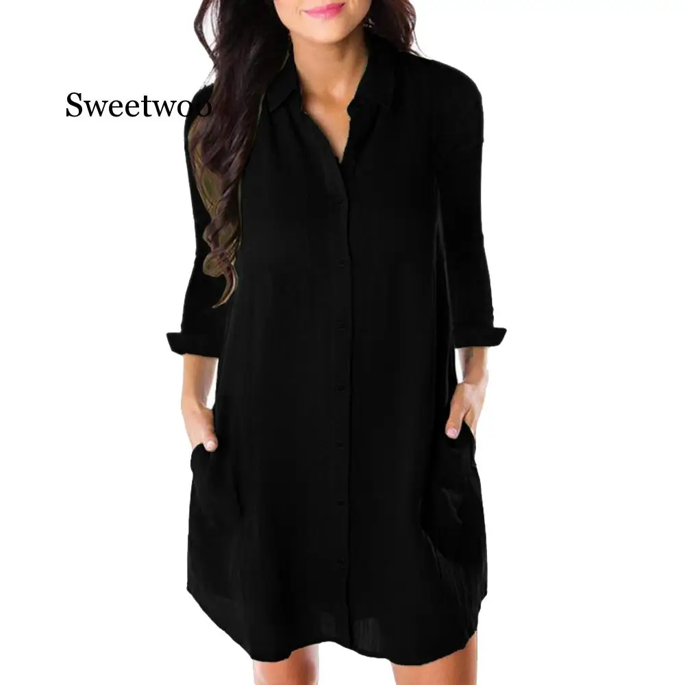 

Women Loose Solid Dresses Turn Down Casual Ladies Office Shirt Dresses Button 2020 Summer Spring Long Sleeve Dresses Vestidos