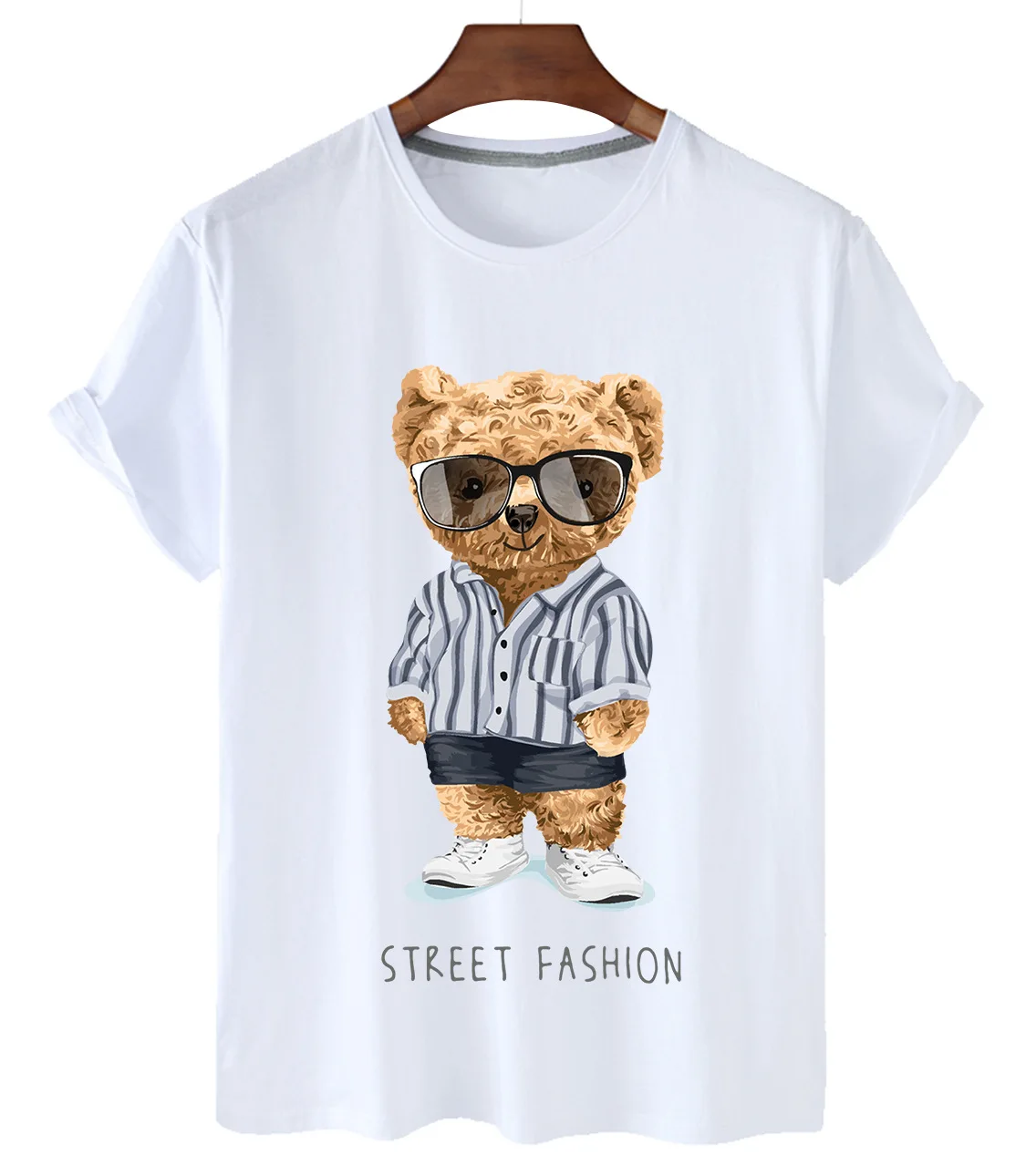 Top Handsome Sunglasses Bear Print Cotton Short-sleeved O-neck Loose Casual Top T-shirt Female Oversized T-shirt Couple S-3XL