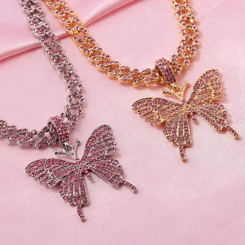 Fashion Bling Rhinestone Big Butterfly Pendant Necklace for Women Pink Blue Crystal Cuban Chain Necklace Rapper Rock Jewelry