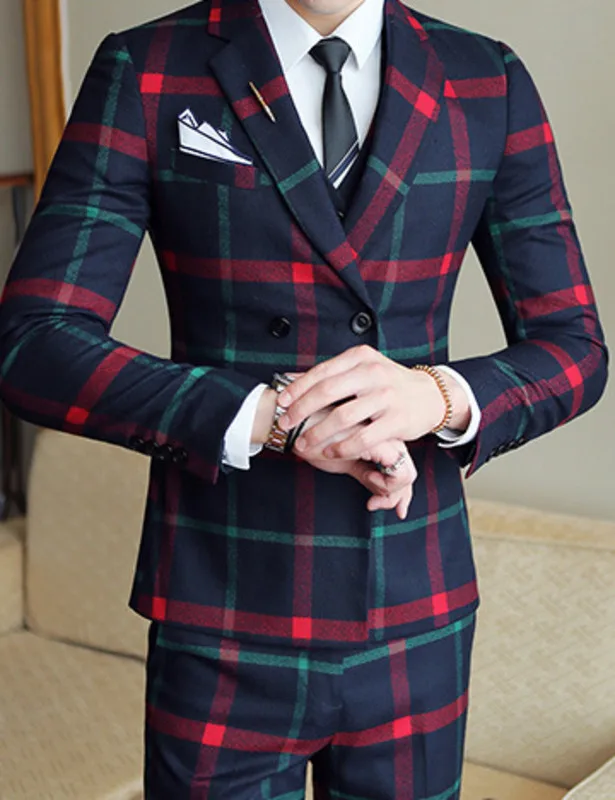 

Red Plaid For (Jacket +Vest+Pant) 2020 New Party Wedding Suits Men Costume Mariage Homme Check Male Suit British Style