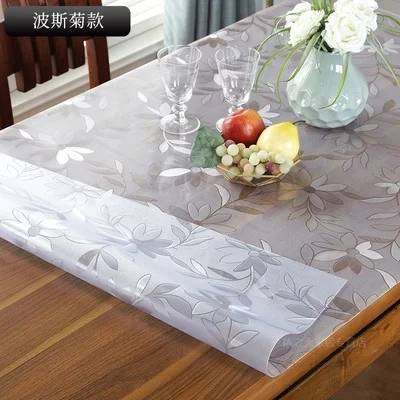 1.0mm/1.5mm Chrysanthemum pattern solt glass hot sale PVC table cloth waterproof table cover for Kitchen dining table