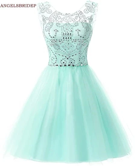 ANGEBRIDEP Sheer Neck Short/Mini Homecoming Dresses Fashion Beadings Tulle Special Occasion Graduation Gala Cocktail Dresses