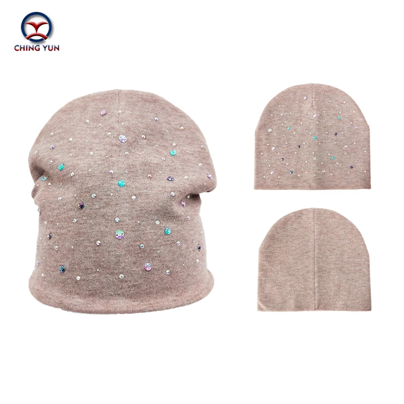 CHING YUN Women Cashmere knit hat new soft Winter Warm Rhinestone embroidery High Quality Female Solid Color Knitted Hat C19-09