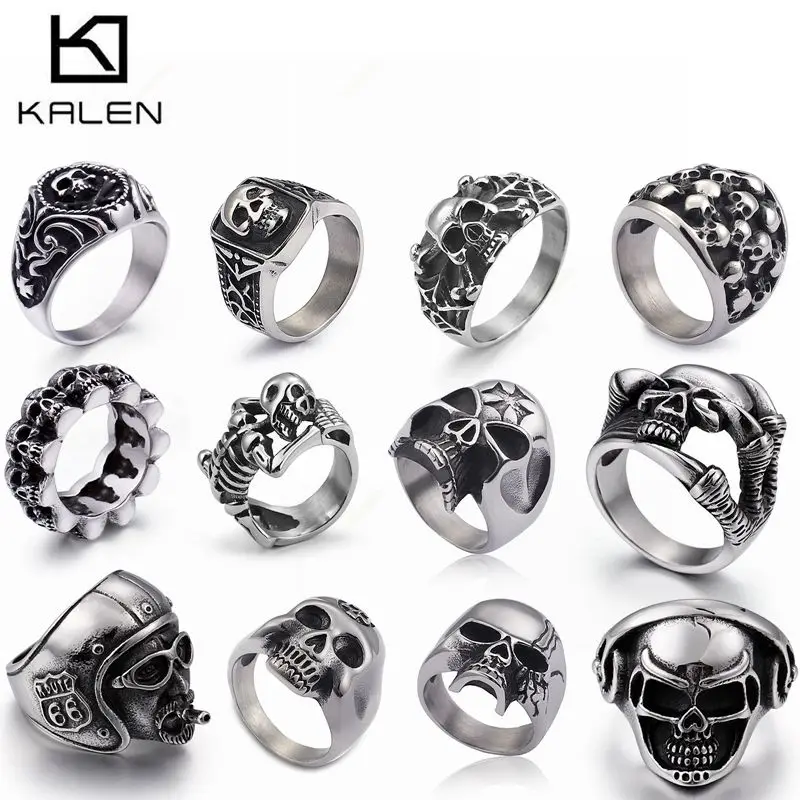 

KALEN Stainless Steel Viking Skull Rings For Men US Size #8-12 Punk Biker Rings Wholesale Halloween Jewelry Personalized Gift