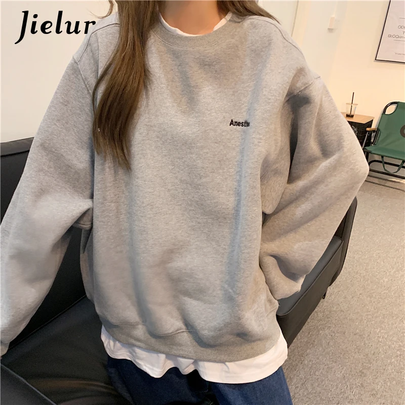 Jielur Orange Gray Sweatshirt Women M-XL Fake Two Piece M-XL Size Hoodie Female Loose Korean Fleece Streetwear Letter Embroidery