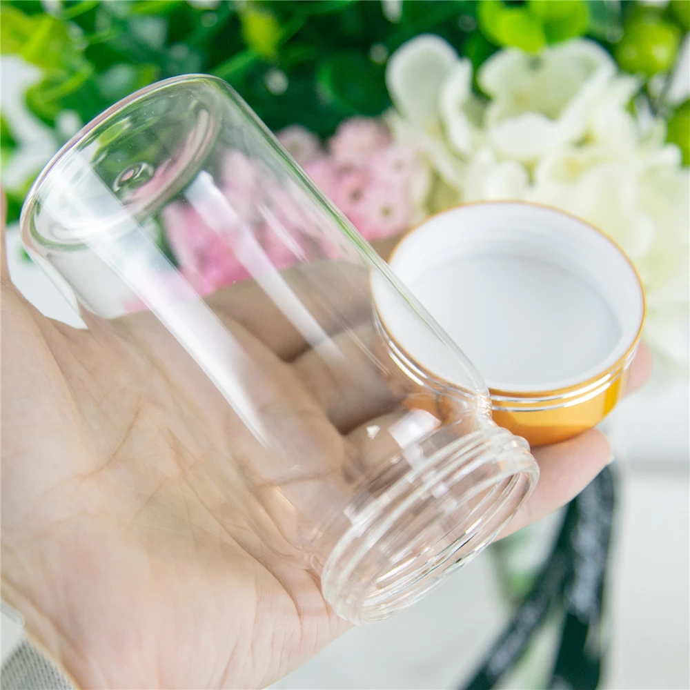 

24Pcs 100ml Clear Glass Bottles Spiral Plastic Lid with Golden Tangent Craft Vials Candy Food Pot Refillable Empty Jars