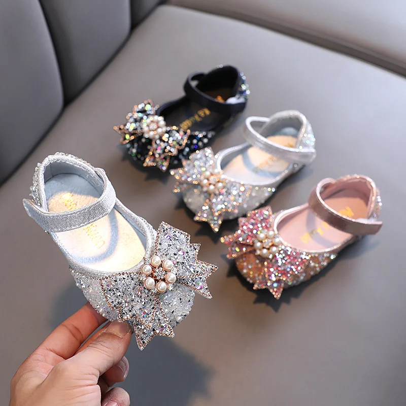 Zapatos de cuero de princesa con diamantes de imitación para niña, zapatillas de baile planas con lazo, novedad de primavera, 2022