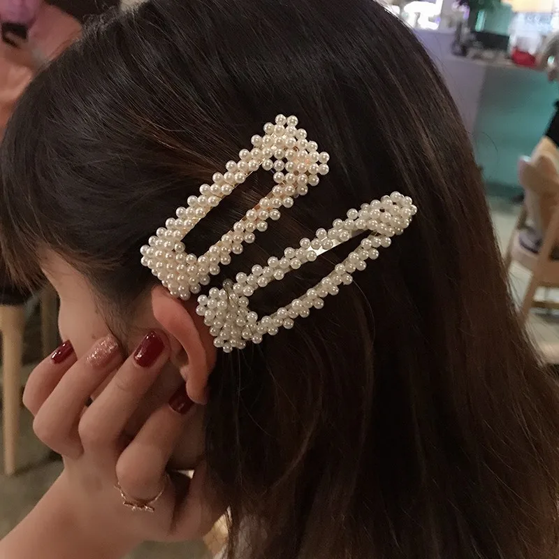 Korean Simulated Pearl Barrettes Beaded Geometric Women Hair Clip Hairgrips Hair Accessories Girls Jewelry Fashion Hair Pins