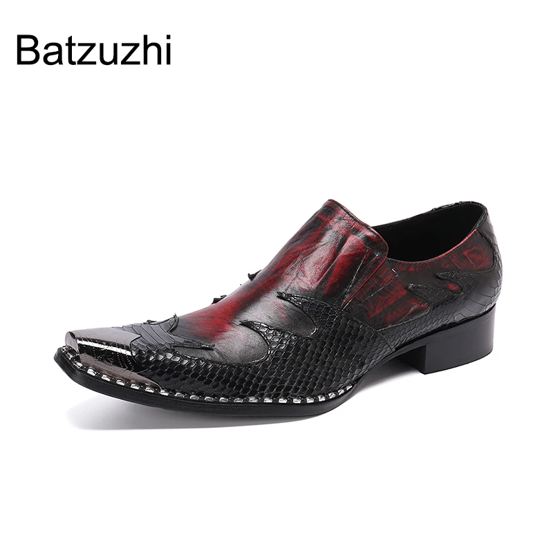 Batzuzhi Italian Style Fashion Men\'s Leather Shoes Pointed Metal Toe Wine Red Formal Business Dress Shoes Men for Party /Wedding