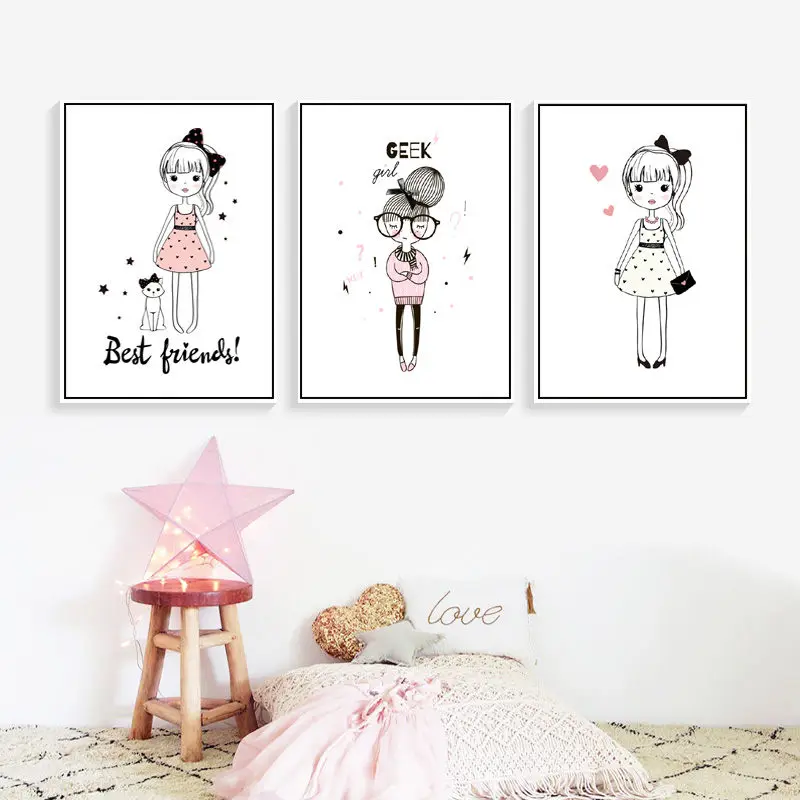 Girl Cartoon Wall Art Canvas Poster Prints Pink Infant Home Decor Art Wall Home Decor Picture