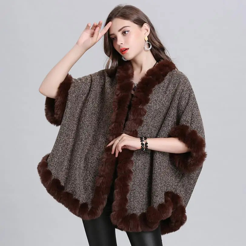 Winter Europa neue Fashon oversize lose nachahmung fuchs pelz kragen stricken mäntel weibliche fledermaus ärmel strickjacke schal mantel jacken F210