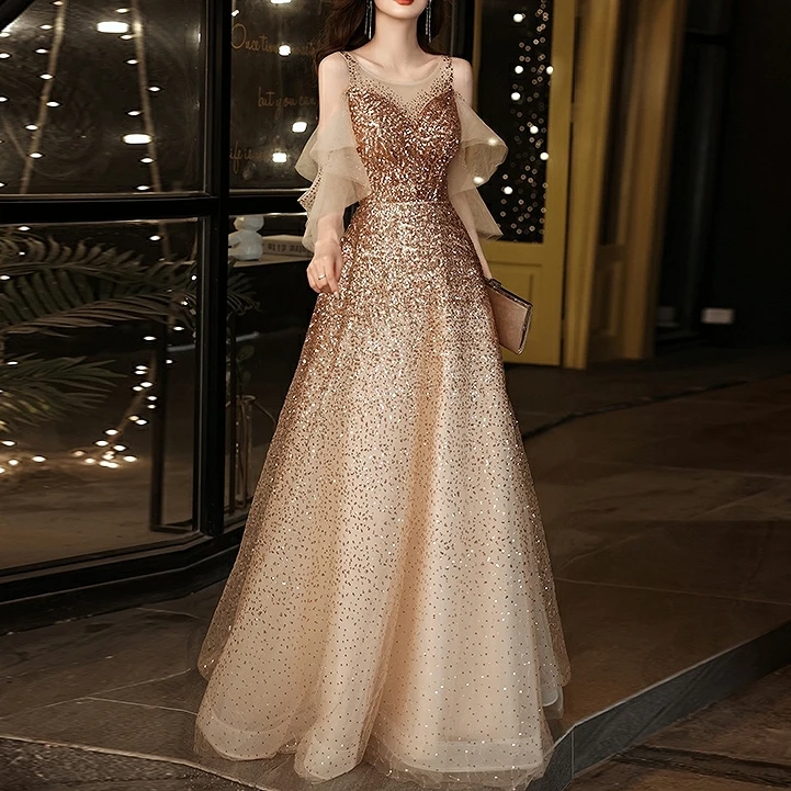 

Luxury Bridesmaid Dresses Champagne Gold Flare Sleeve Beaded Floor-Length A-Line Wedding Guests Formal Party Evening Prom Gown