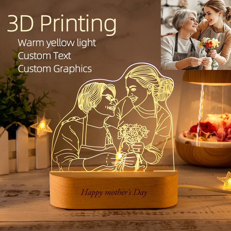 Dropshipping Gepersonaliseerde Acryl Lamp Aangepaste Foto Tekst Nachtlampje Usb Houten Base Bruiloft Moederdag Party Gift