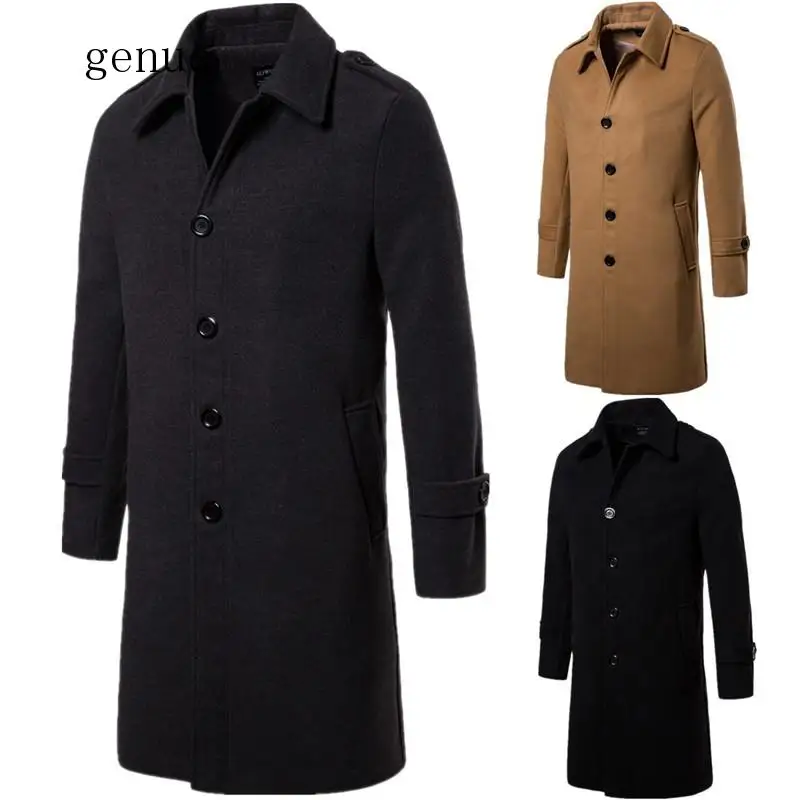 

2020 New Men's Lapel Thicken Woolen Coat Fashion England Style Men Business Long Single-breasted Slim Coats For Autumn Winter