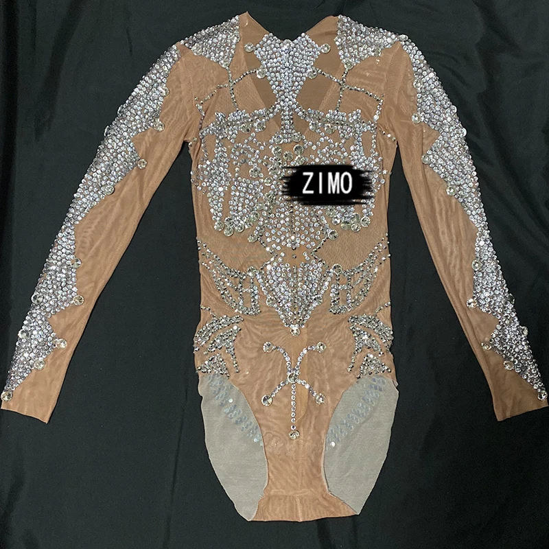 여성용 섹시한 실버 라인석 바디수트, 바 나이트클럽 쇼걸 댄스 폴 파티, 탄성 레오타드 무대 의상, 축제 패션