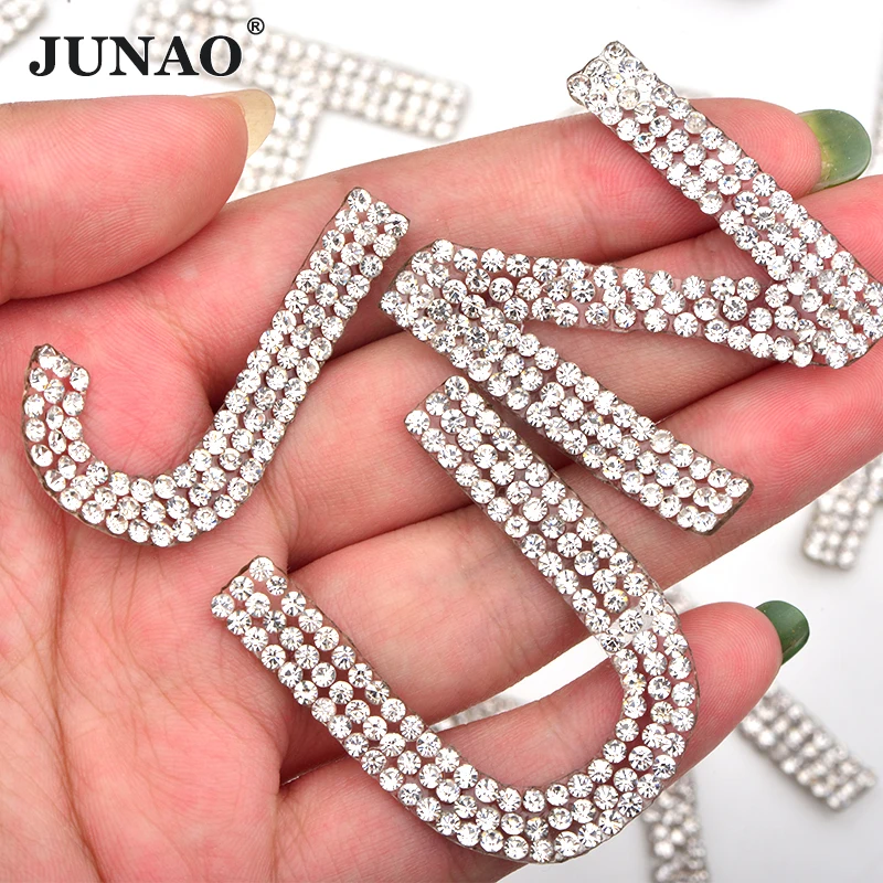JUNAO 70mm Clear Color A-Z Hotfix Rhinestone Patches Letter Patch Iron On Crystal Stone Applique Heat Transfer Stickers