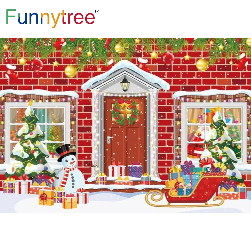 Funnytree Winter Christmas Party Background Snowman Gold Bells Brick Wall Wreath Gate Trees Sled Gifts Photophone Backdrop