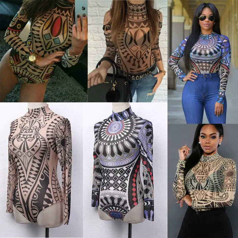 2020 New Sexy Women Tattoo Tribal Print Stretchy Bodysuit See-Through Mesh Sheer Long Sleeve Top Lady Clubwear O Neck Bodycon