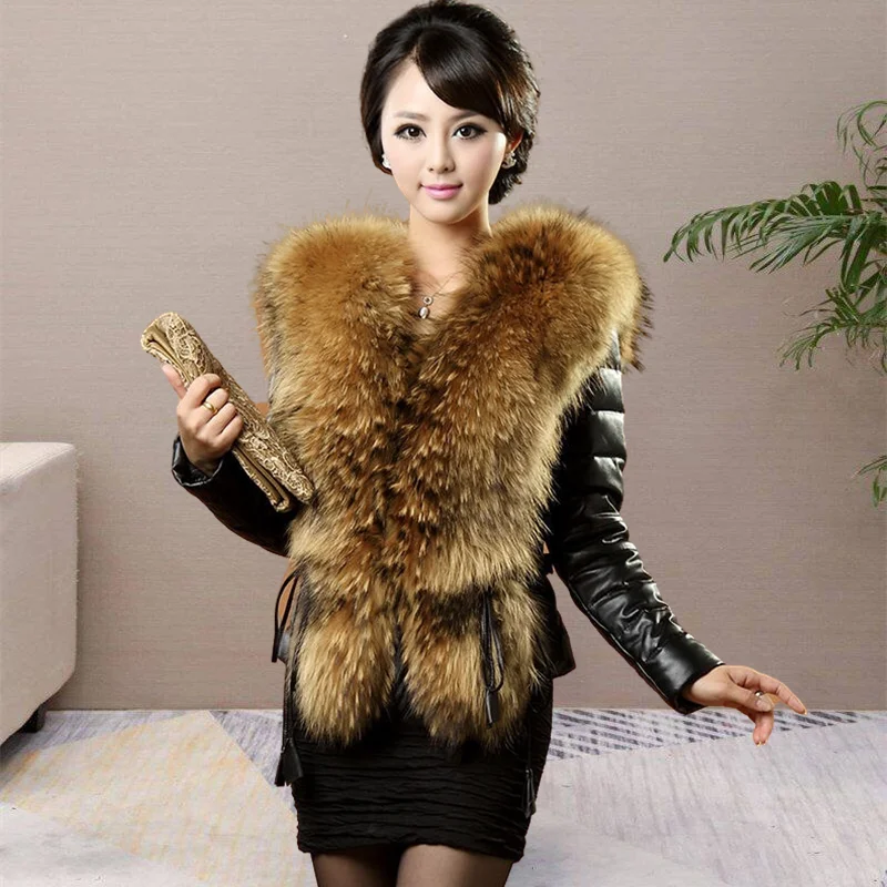 2024 Winter Women Leather Down Cotton Jacket lmitation Raccoon Fur Collar Short Vintage fur Outerwear Female Warm Coats Clothing