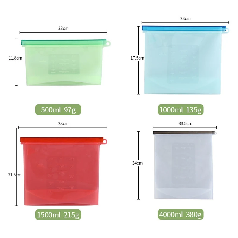 Silicone Bags Reusable Silicone Food Bag Airtight Seal Food Preservation Bag Food Grade for Vegetable, Liquid, Snack, Meat