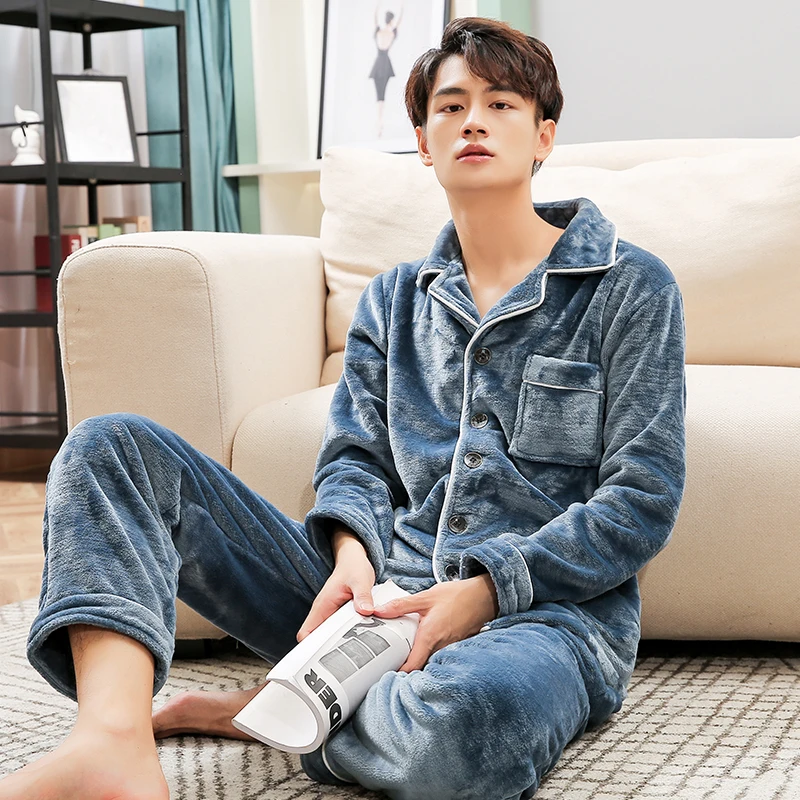 Winter Flannel Pajamas Men PJ Full Sleeves Homeclothes Warm Pijama Coral Fleece Sleepwear Thicken Soft Gray Pyjama Homme