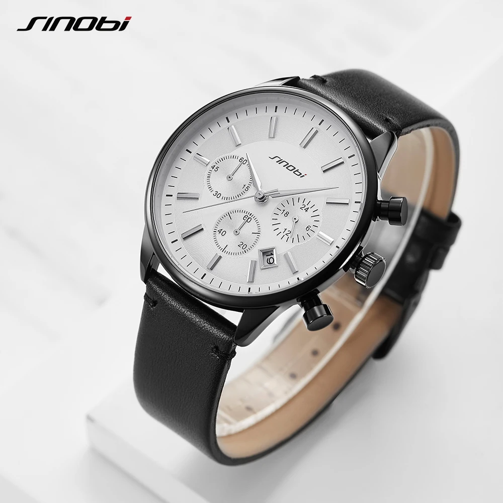 Sinobi Top Brand Luxury Sports Watch Men\'s Fashion Leather Wristwatches with Calendar for Men Black Male Clock	Reloj Hombre