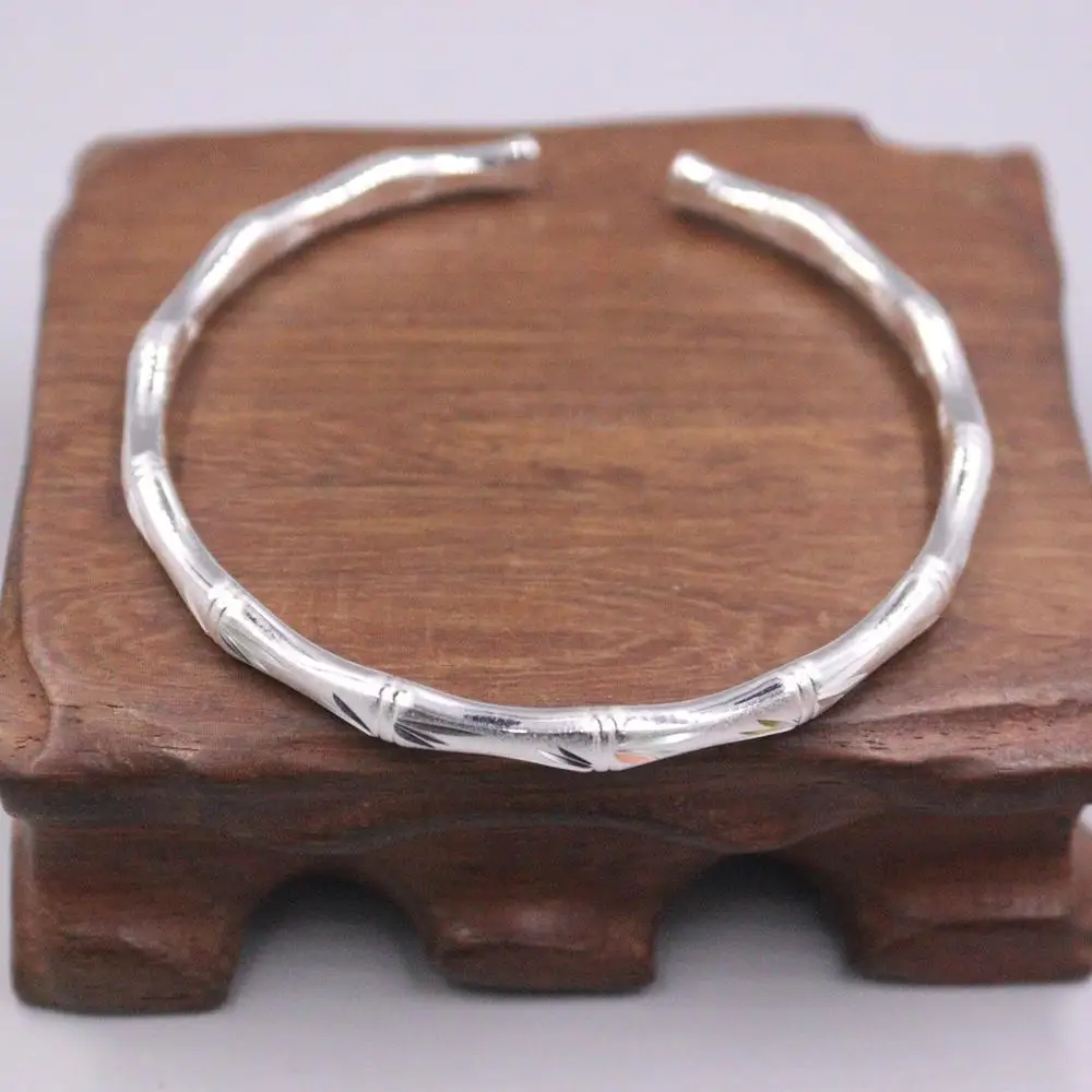 

Pure 999 Fine Silver Bracelet Width 5mm Bamboo Pattern Cuff Bangle Diameter 58-62mm About 22g For Woman