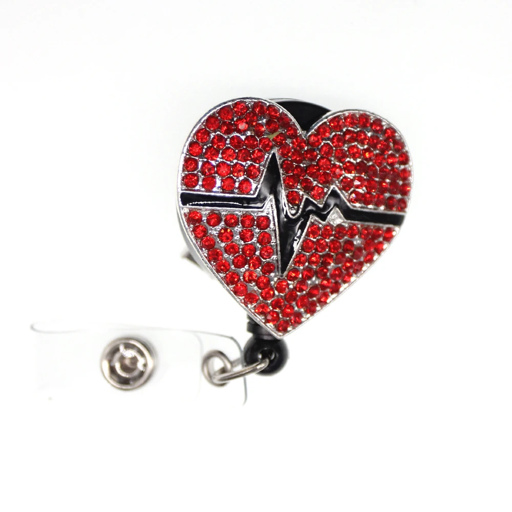 

20pcs/lot Rhinestone Red EKG Heartbeat Retractable Badge Reel Student Nurse Business Card ID Badge Holder With Alligator Clip