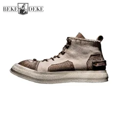 Vintage Canvas High Top Shoes Men Patchwork Genuine Leather Ankle Boots Flat Platform Casual Shoes High Quality Handmade Shoes