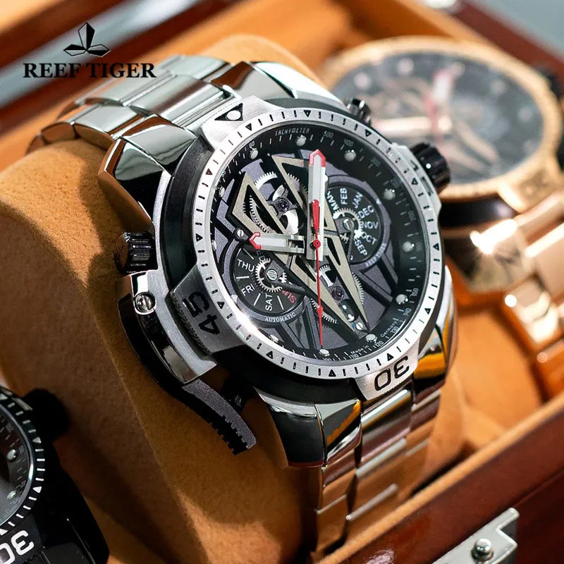 Reloj Reef Tiger/RT Unique Transformers Dial para hombre, reloj mecánico resistente al agua de 100M, relojes automáticos de acero inoxidable 316L para hombre