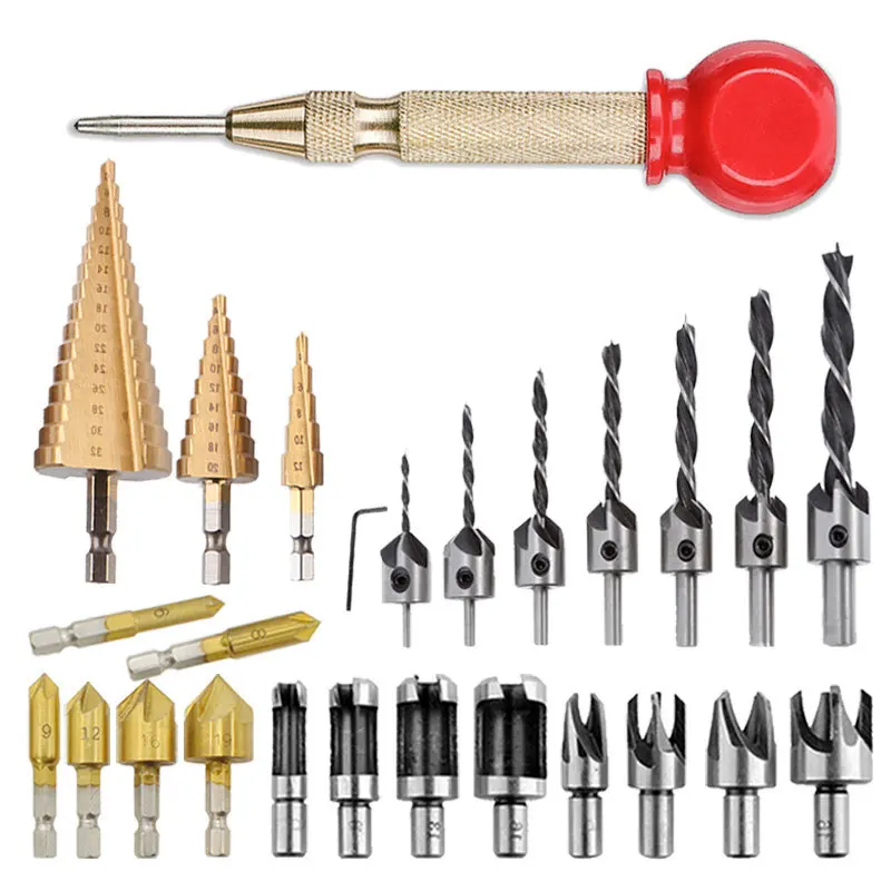 26Pcs Kayu Talang Bor Bit Set Kayu Plug Cutter Otomatis Pusat Pin Punch Langkah Bor Bit
