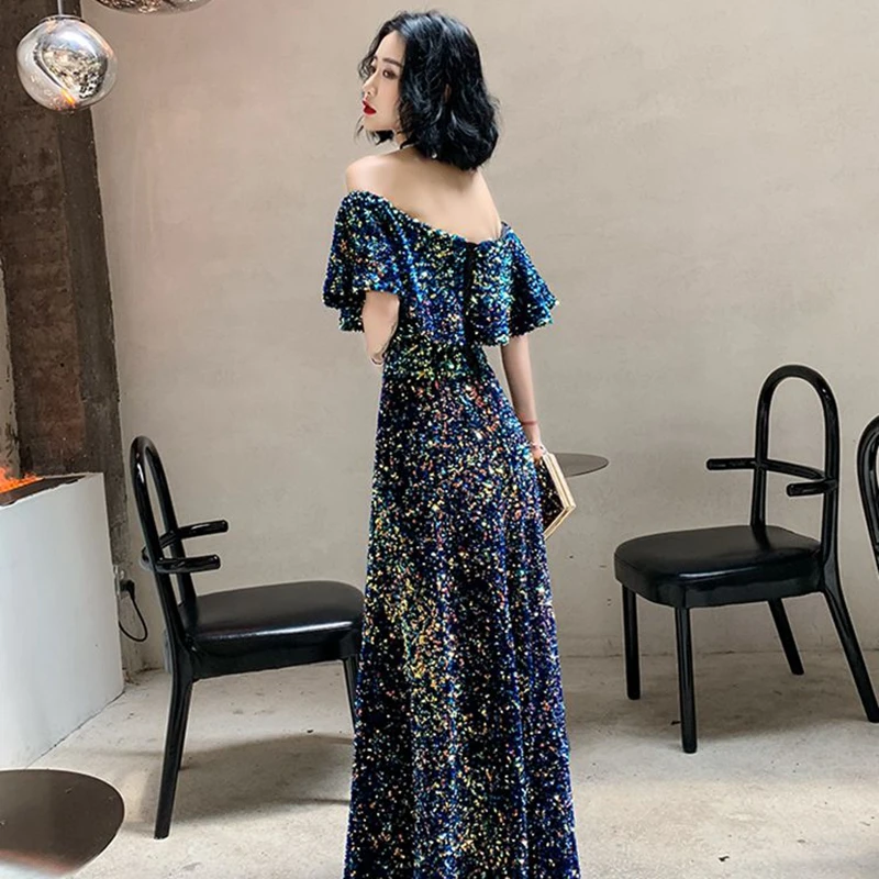 New Sequins Evening Dress Long Vintage Prom Dress Shiny Off the Shoulder Gown A- Line Banquet Formal Party Dress