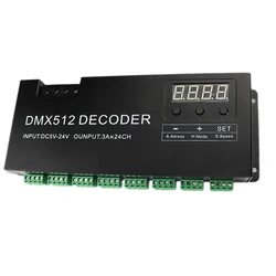 Decodificador de 24 canales RGB DMX 512 con pantalla Digital, atenuador 72A, controlador PWM, controlador de tira RGB DMX con DC5V-24V de entrada RJ45