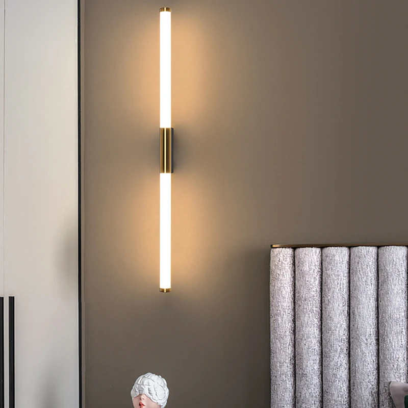 

Modern LED wall lamp living room staircase aisle lamp linear metal tube bedroom bedside lamp foyer corridor gold sconce