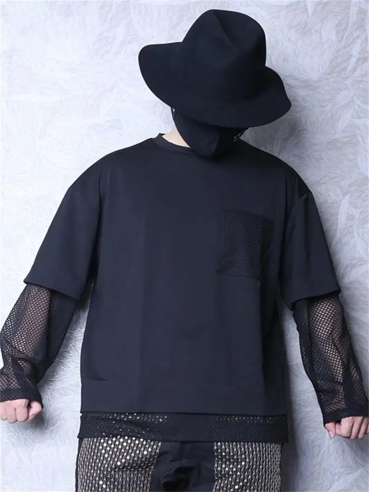 

Men's Long Sleeve T Shirt Spring/Summer New Dark Round Collar Fashion Quality Personality Mesh Sleeve False Two T Shirts