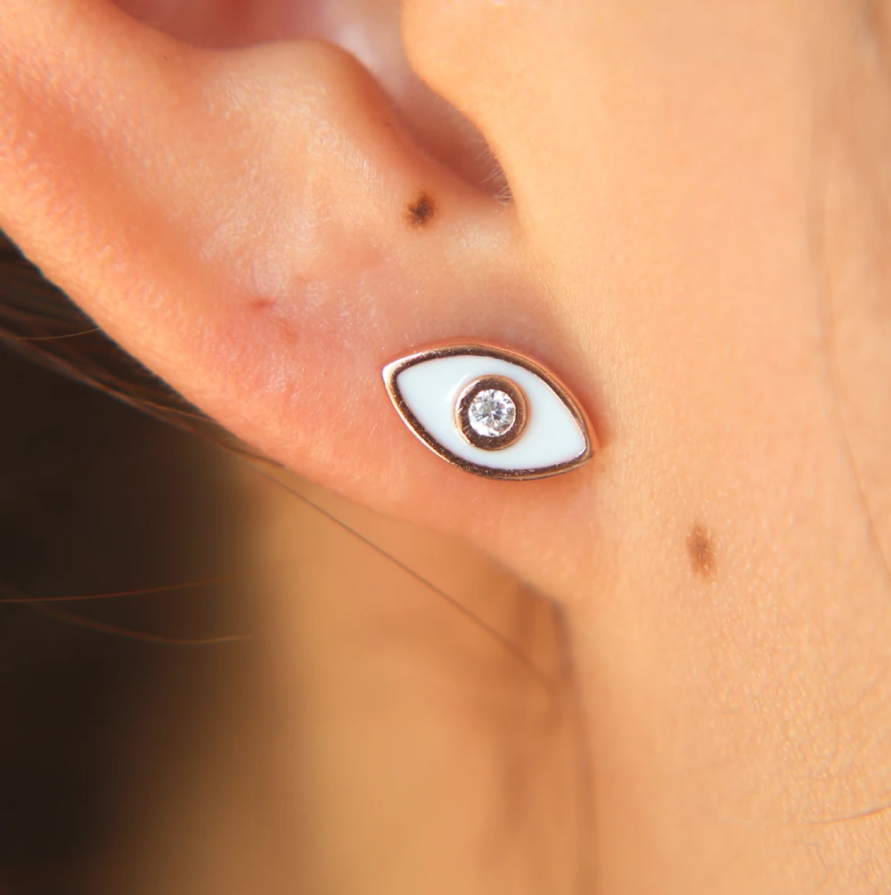 100% 925 sterling silver rose gold red white enamel color anti allergy tiny cute eye girl stud earring minimal jewelry